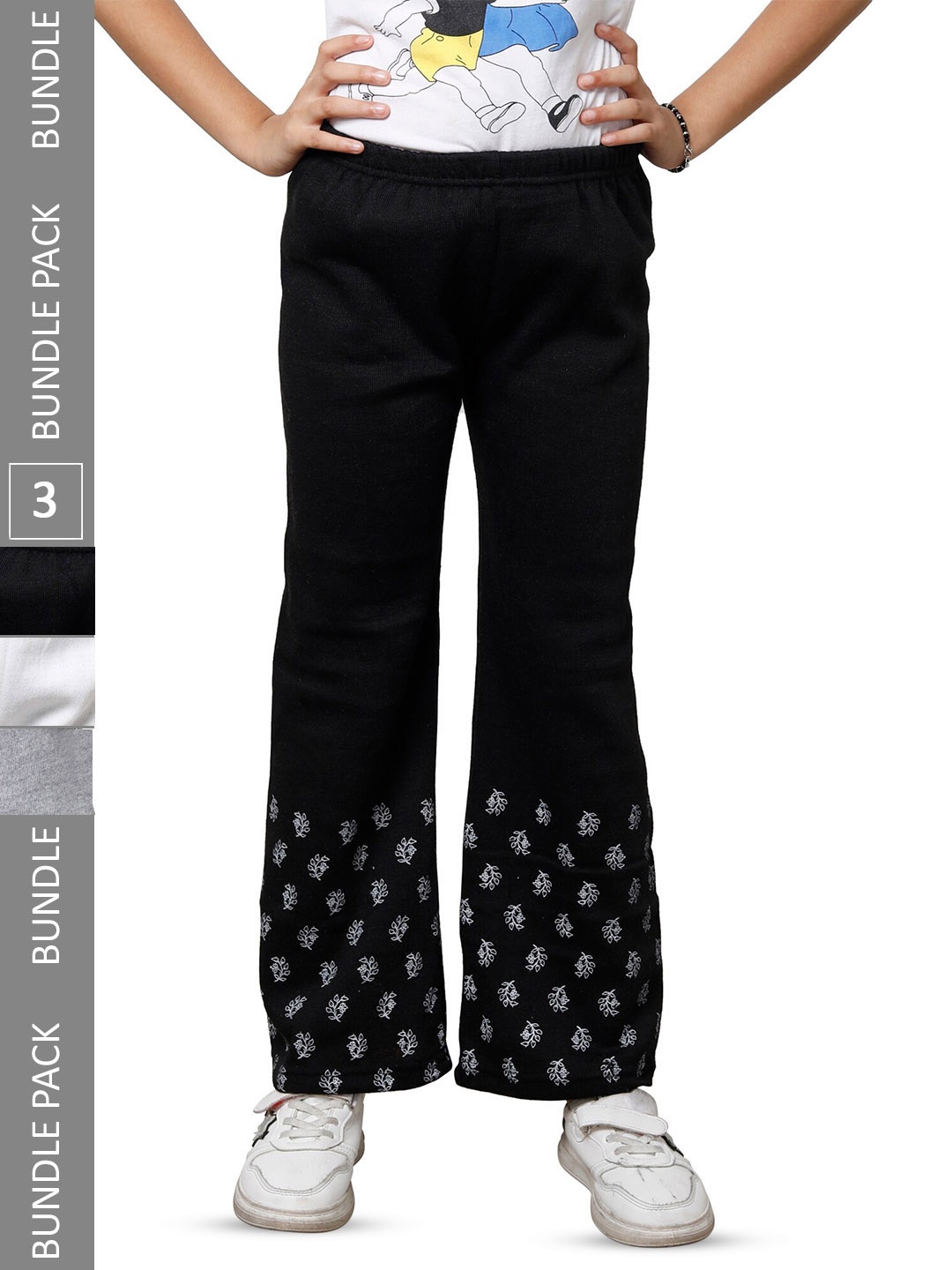 

IndiWeaves Girls Pack of 3 Printed Mid-Rise Straight Fit Woollen Palazzos, Black