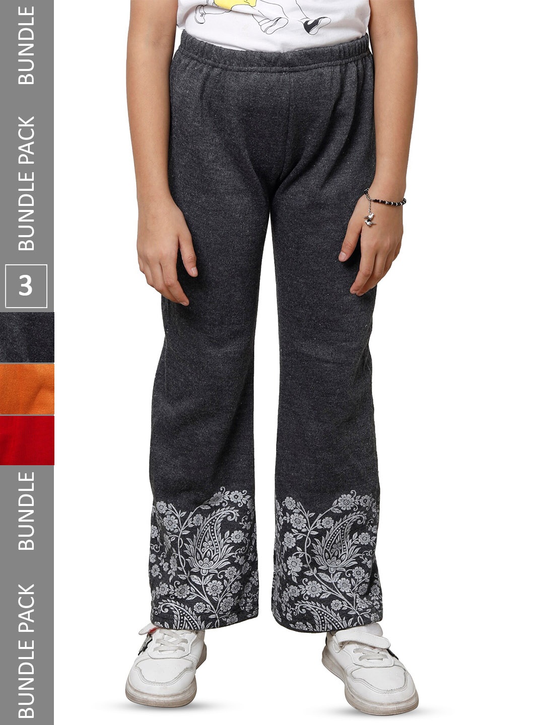 

IndiWeaves Girls Pack of 3 Printed Woolen Track Pants, Charcoal