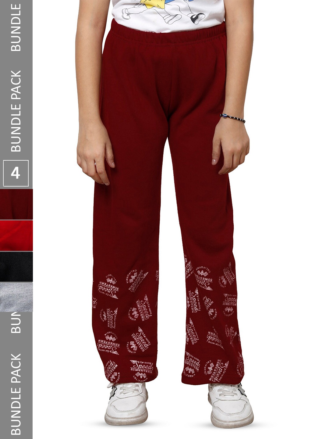 

IndiWeaves Girls Pack of 4 Printed Woolen Track Pants, Maroon