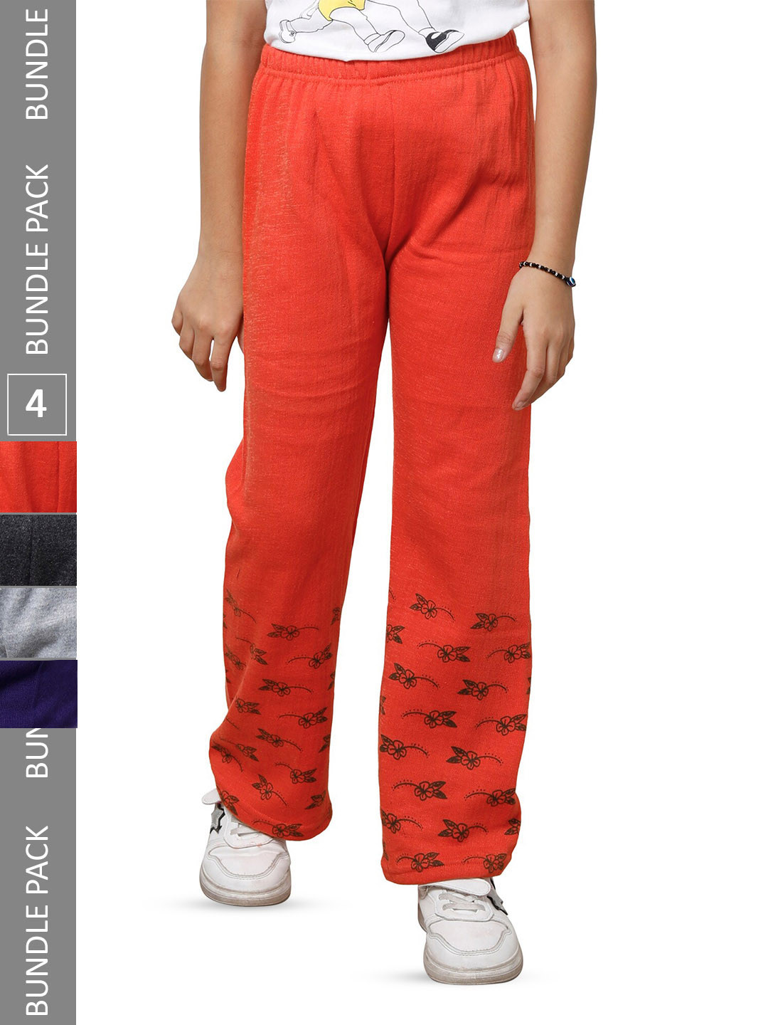 

IndiWeaves Girls Pack of 4 Printed Woolen Track Pants, Orange