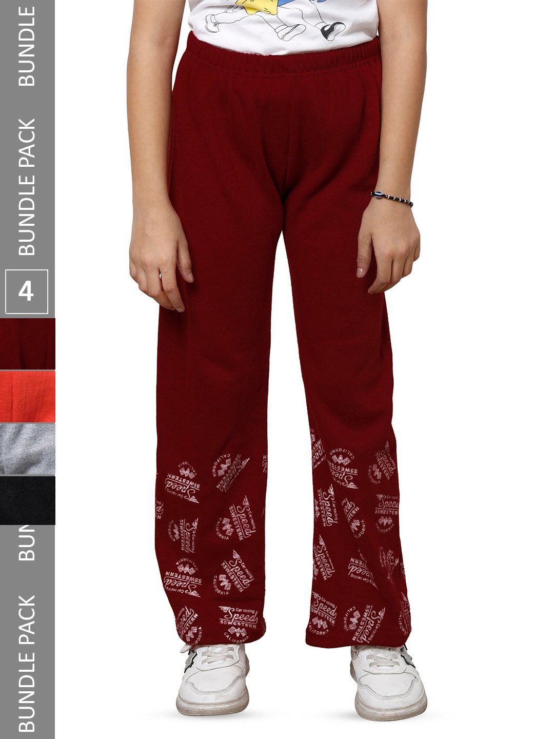 

IndiWeaves Girls Pack of 4 Printed Mid-Rise Straight Fit Woollen Palazzos, Maroon