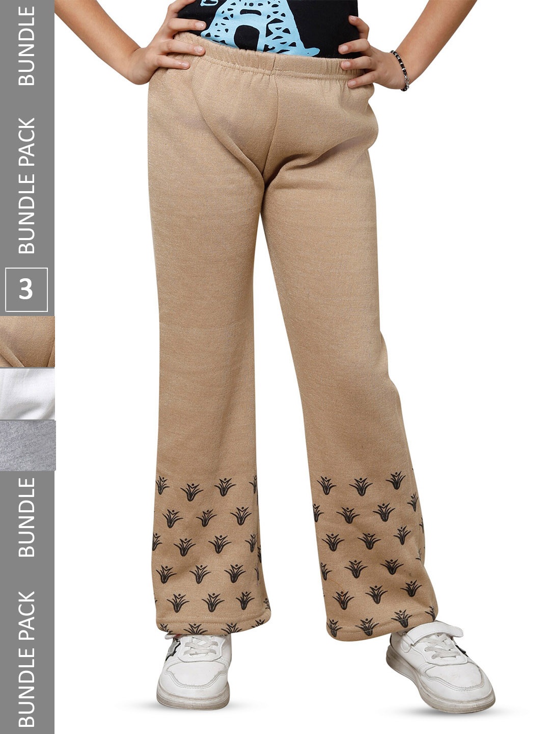 

IndiWeaves Girls Pack of 3 Bottom Printed Straight-Fit Acrylic Track Pants, Beige