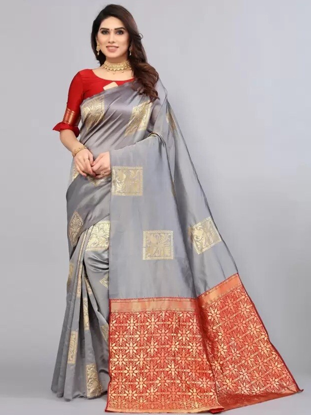 

MAGMINA Ethnic Motifs Woven Design Zari Pure Silk Banarasi Saree, Grey