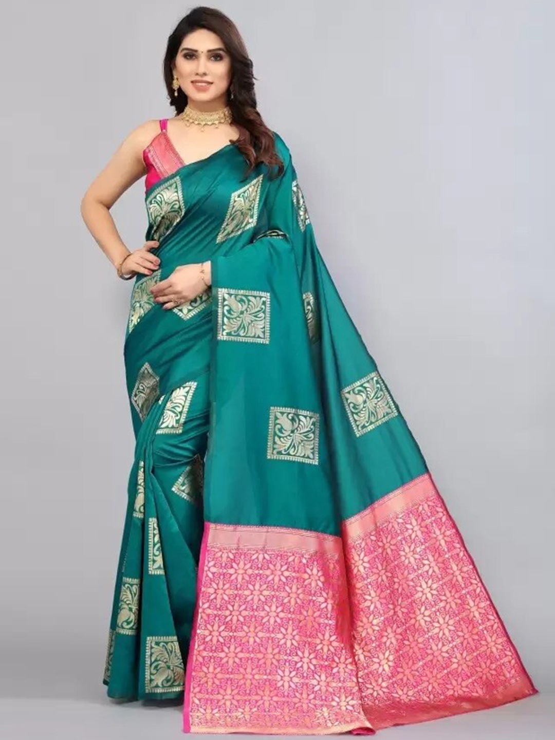 

MAGMINA Ethnic Motifs Woven Design Zari Pure Silk Banarasi Saree, Teal