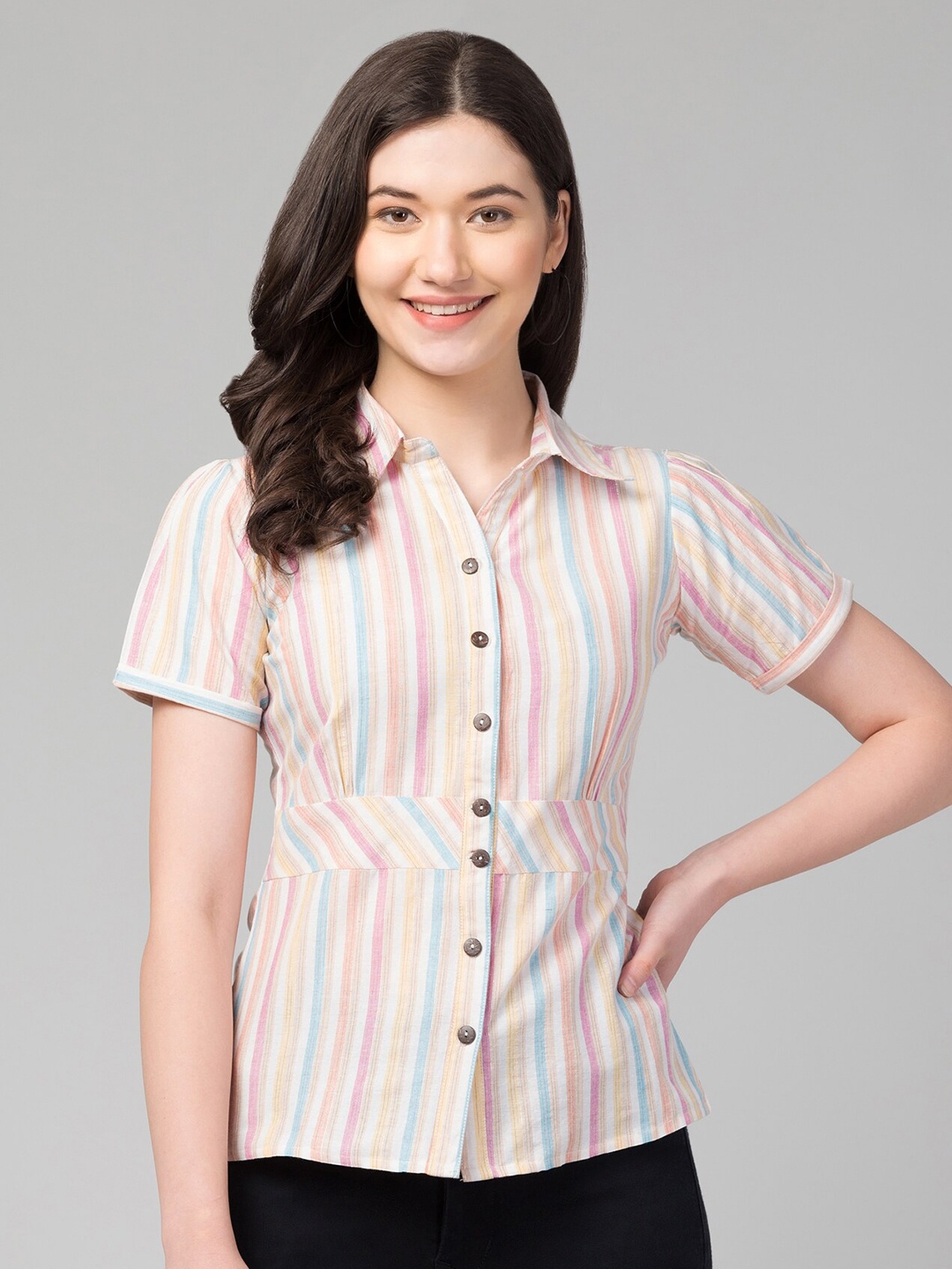 

Zuvino Striped Shirt Collar Shirt Style Top, Off white
