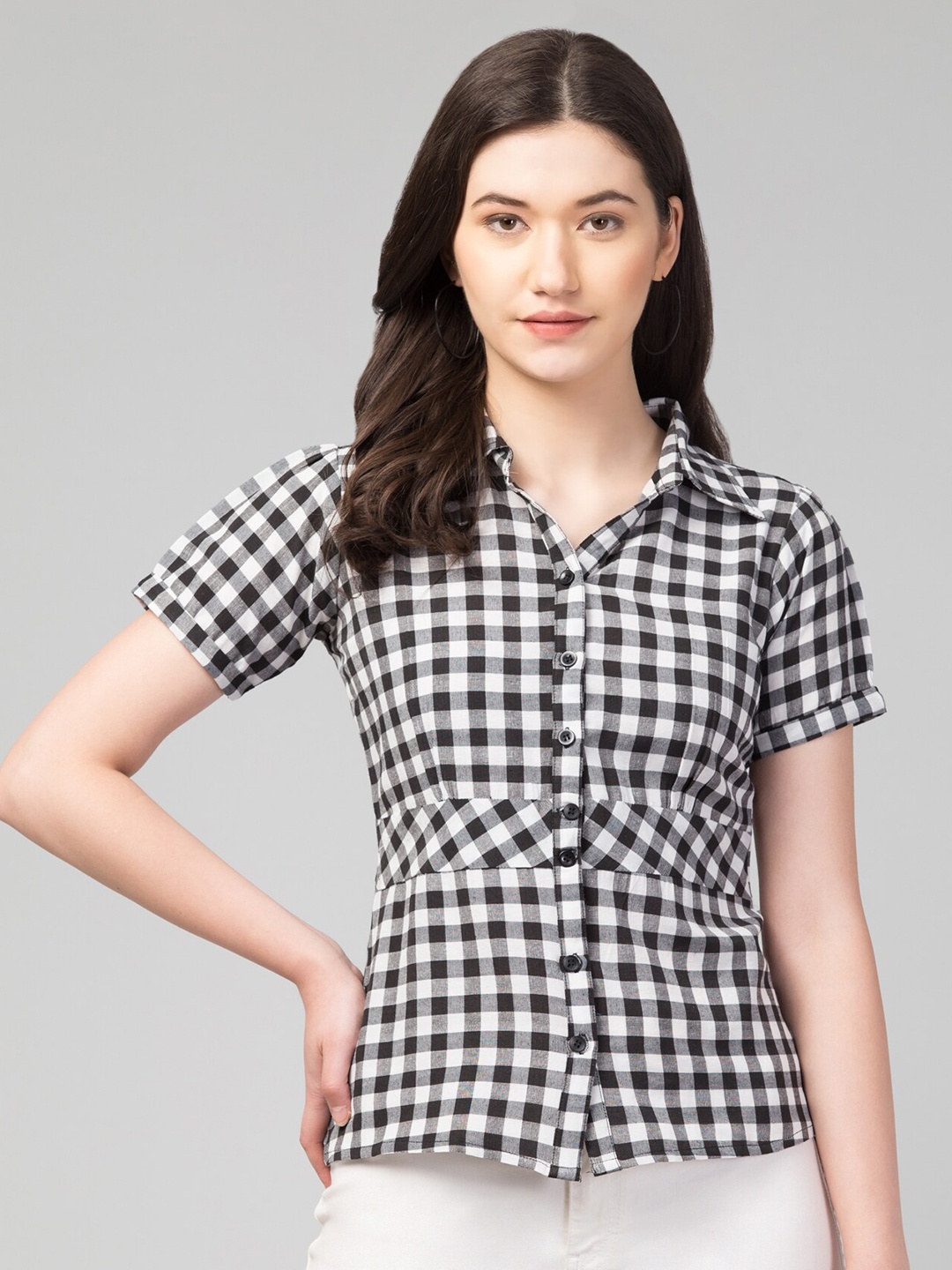 

Zuvino Checked Monochrome Shirt Collar Shirt Collar Shirt Style Top, Black