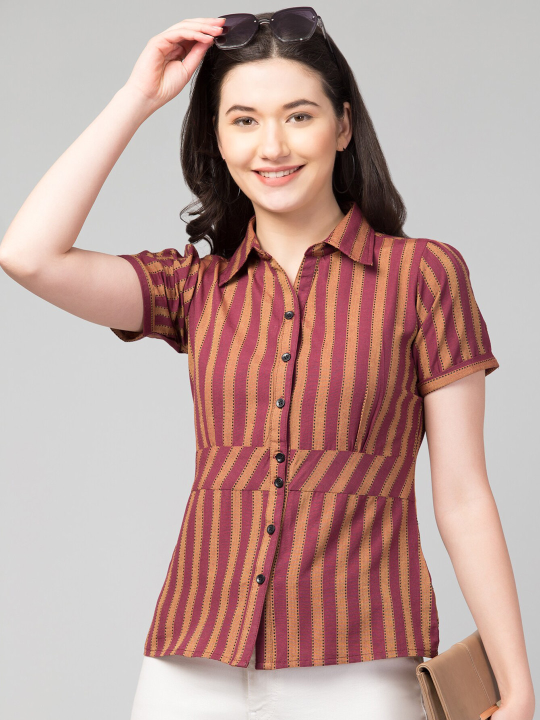 

Zuvino Striped Shirt Collar Shirt Style Top, Maroon