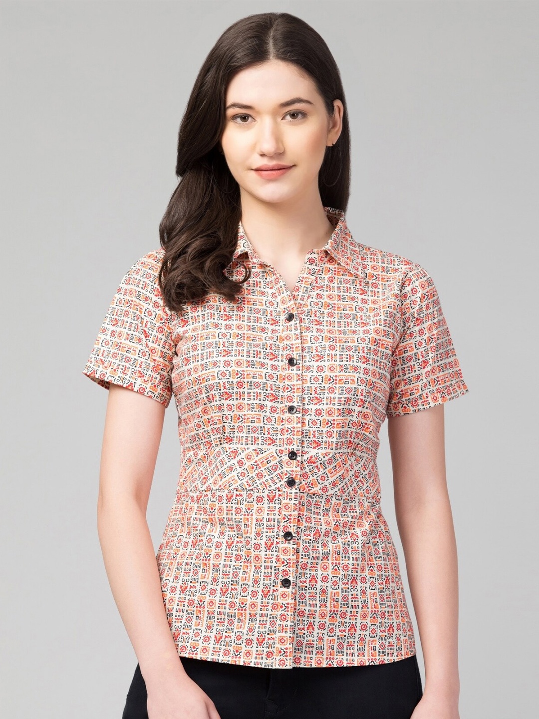 

Zuvino Conversational Printed Shirt Collar Cotton Shirt Syle Top, White