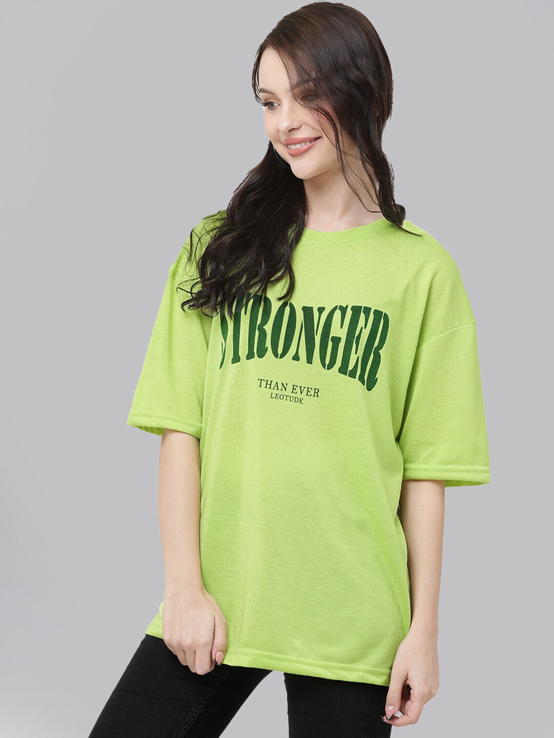 

Leotude Typography Printed Drop-Shoulder Sleeves Oversized T-shirt, Green