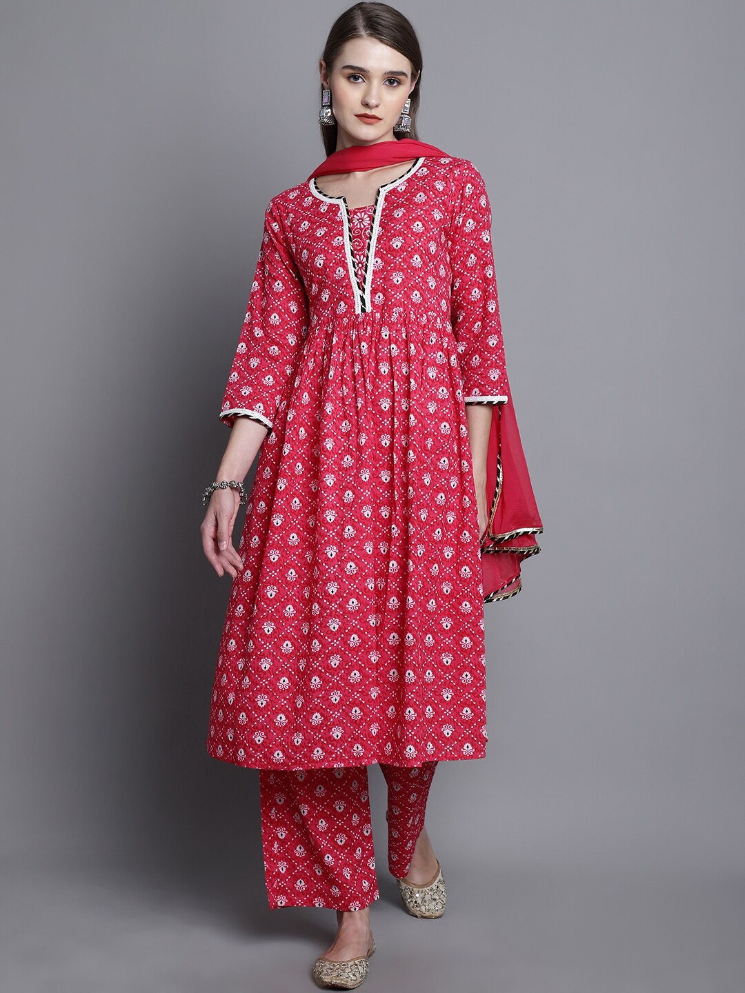 

KALINI Ethnic Motifs Printed Pleated Pure Cotton A-Line Kurta & PalazzosWith Dupatta, Red