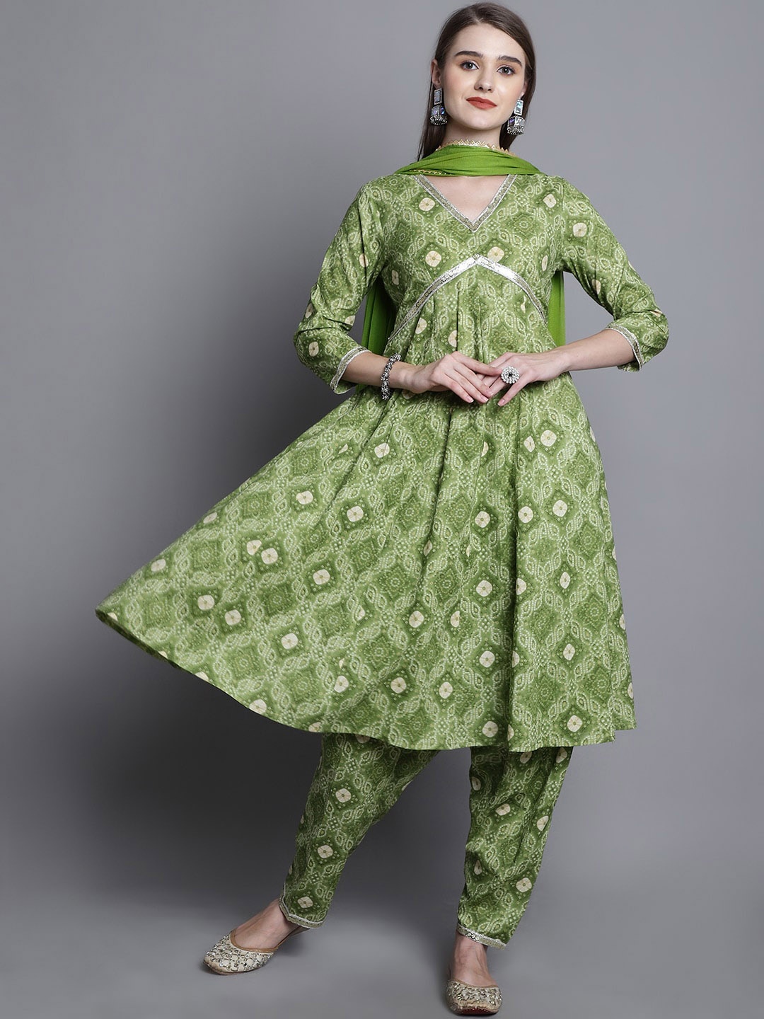 

KALINI Bandhani Printed Empire Pure Cotton A-Line Kurta & Trousers With Dupatta, Green