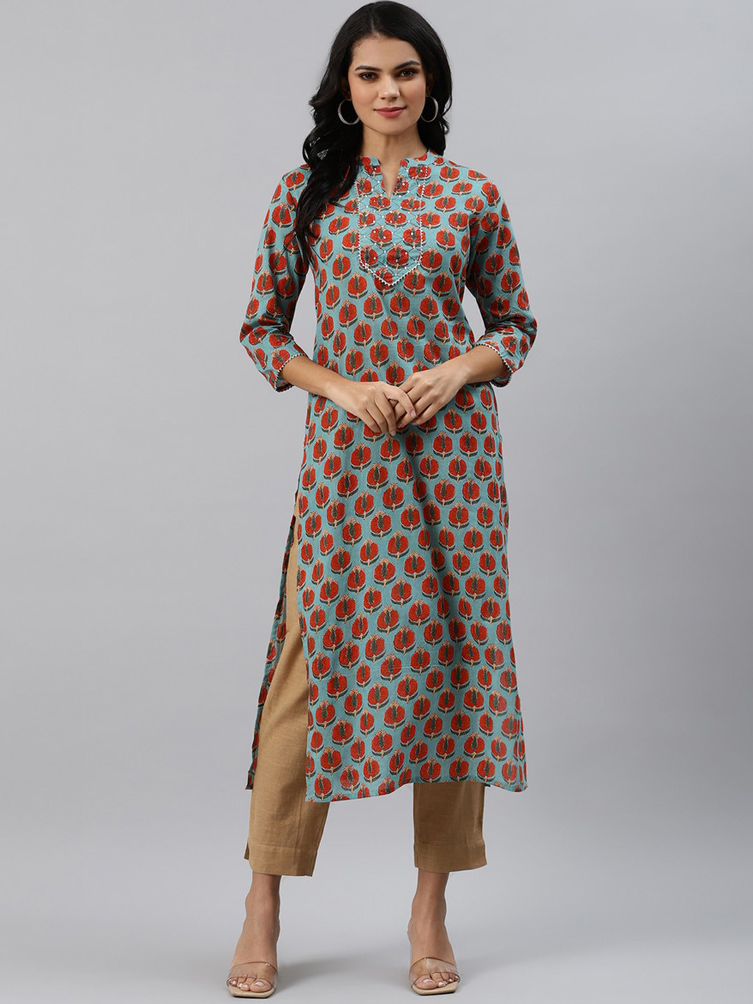 

Sringam Floral Printed Mandarin Collar Cotton Kurta, Green