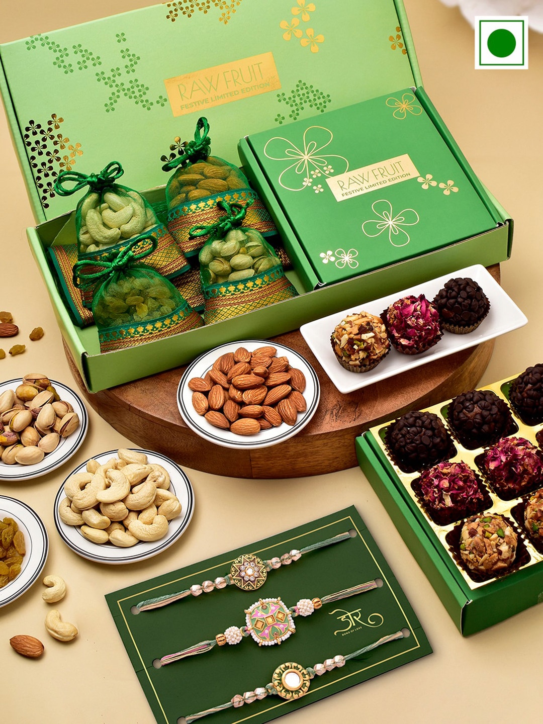 

RawFruit Set Of 3 Pearl Beaded Rakhis With Dryfruits & Laddoo Gift Set, Green