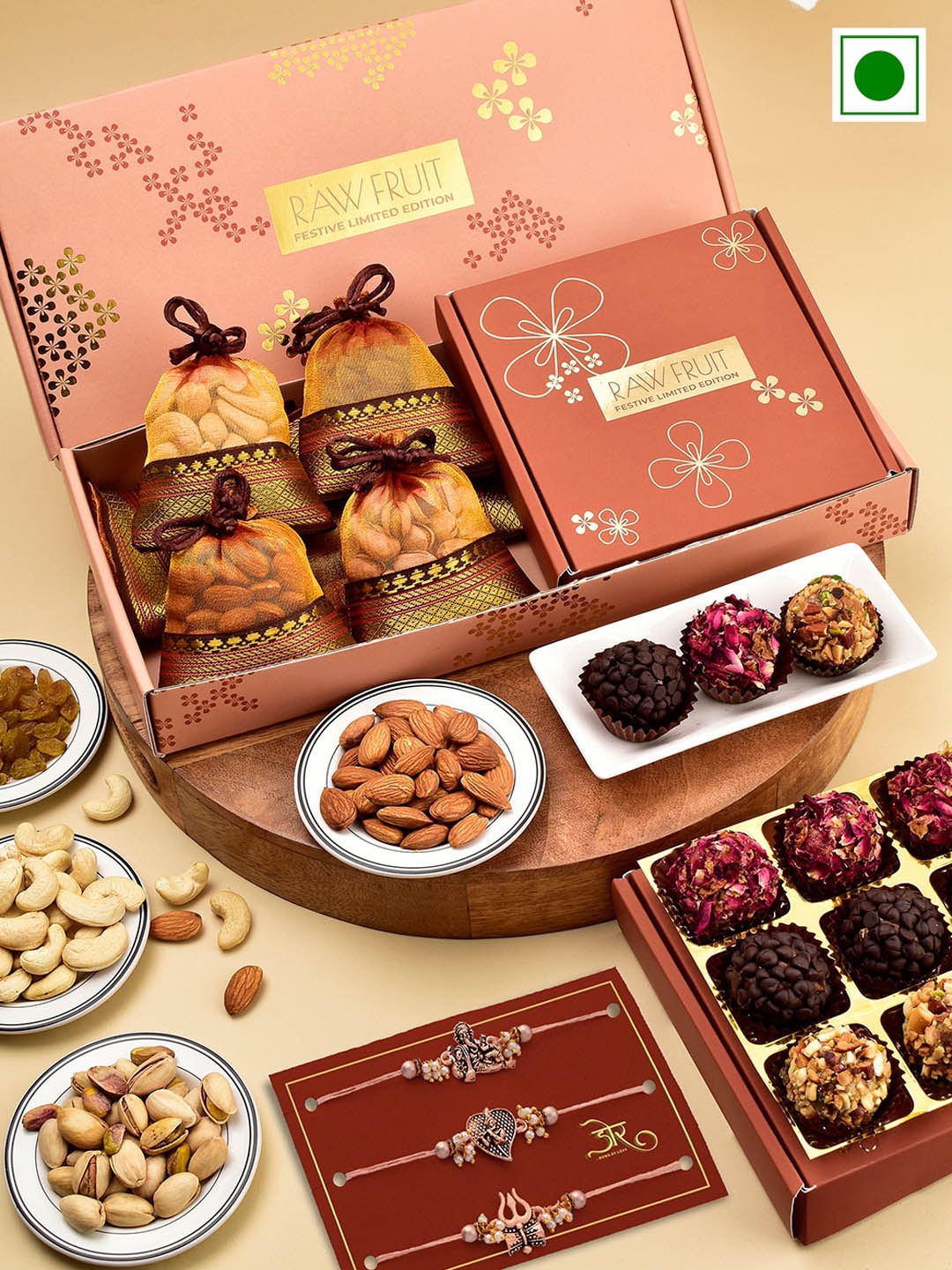 

RawFruit Set Of 3 Charm Beaded Rakhis With Dryfruit & Laddoo Gift Set, Peach