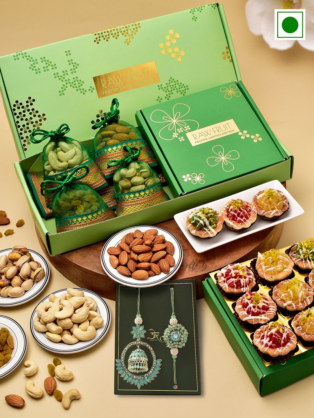 

RawFruit Set Of 2 Stone & Beads Studded Bhai Bhabhi Rakhis Dryfruit & Tarts Gift Set, Green