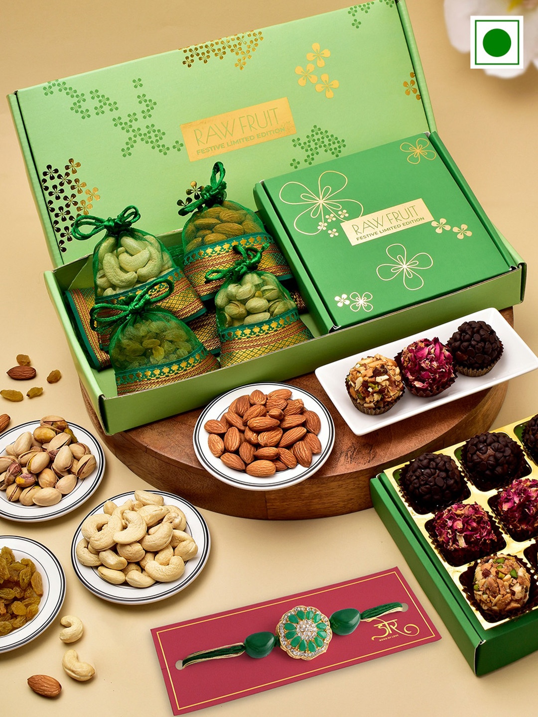 

RawFruit Stone Studded Rakhi With Dryfruits & Sweets Gift Set, Green