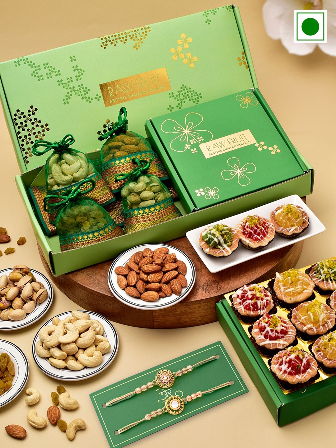 

RawFruit Set Of 2 Rakhi With Dryfruits & Sweets Gift Set, Green