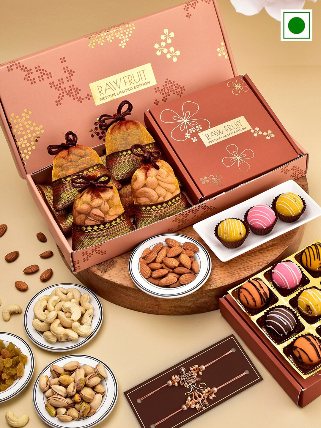 

RawFruit Set Of 2 Rakhi With Dryfruits & Sweets Gift Set, Peach