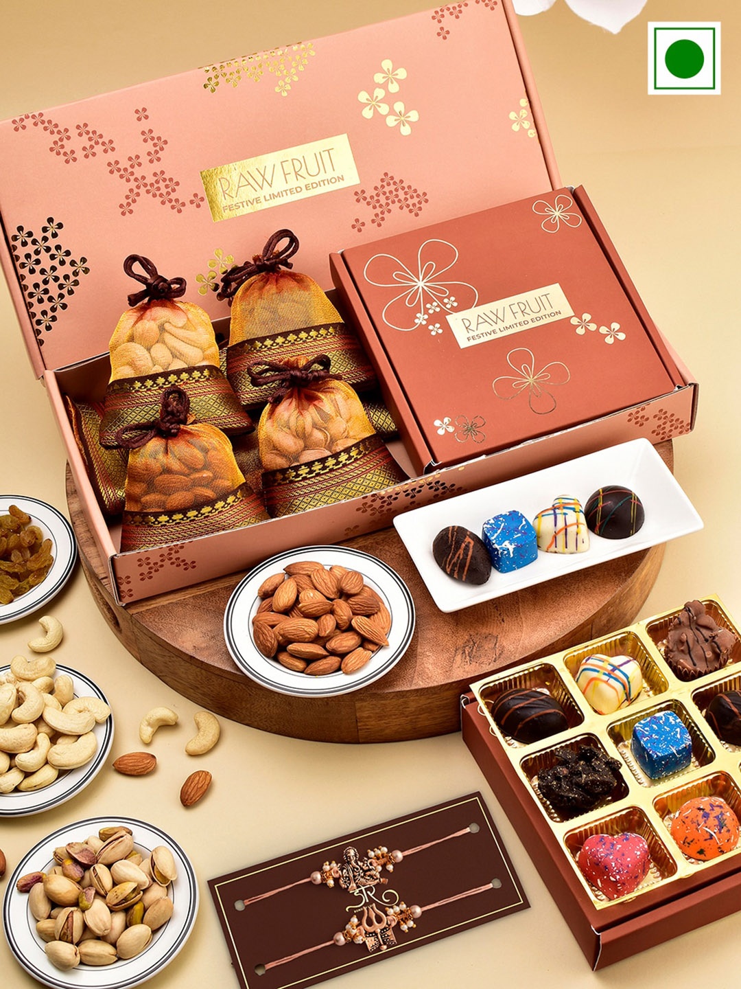 

RawFruit Set Of 2 Rakhi With Dryfruits & Sweets Gift Set, White