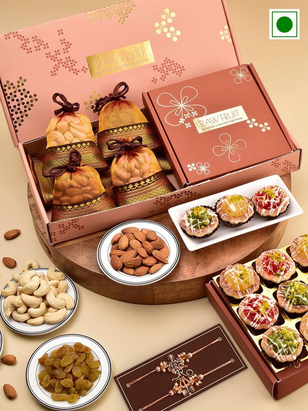

RawFruit Set Of 2 Beaded Rakhis With Sweets & Dryfruits Gift Set, Brown