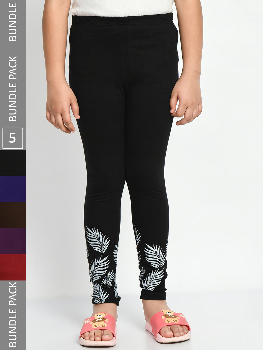 

IndiWeaves Girls Pack Of 5 Printed Pure Cotton Ankle Length Leggings, Black