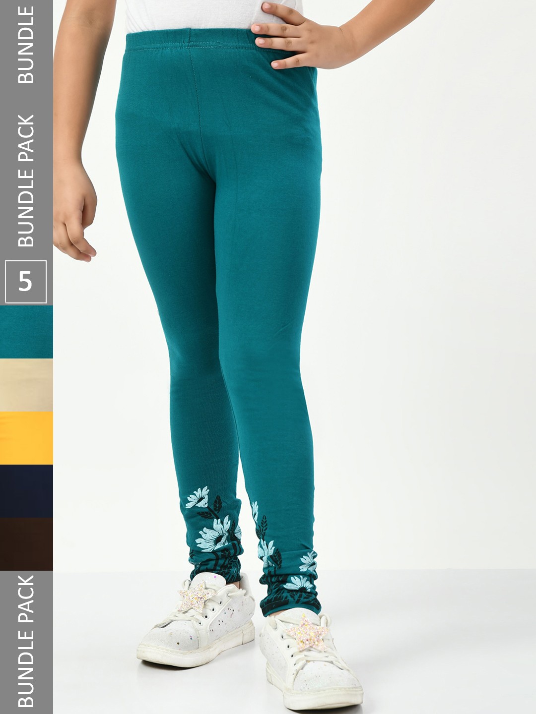 

IndiWeaves Girls Pack Of 5 Printed Ankle-Length Pure Cotton Leggings, Teal