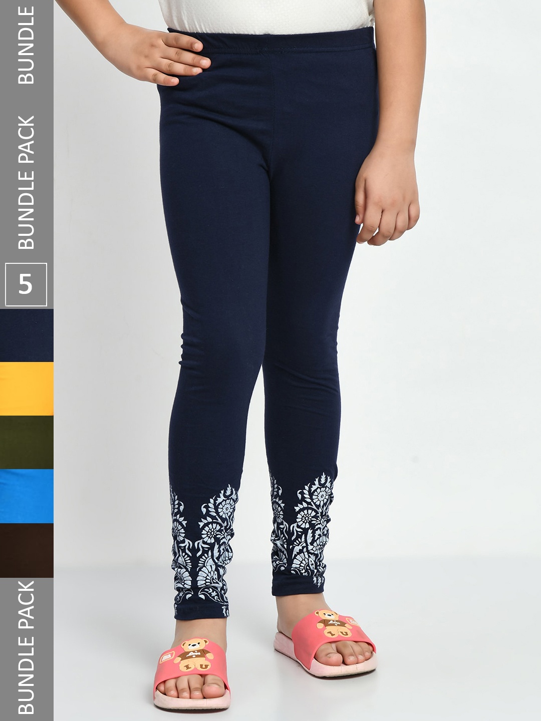 

IndiWeaves Girls Pack Of 5 Printed Ankle-Length Pure Cotton Leggings, Navy blue