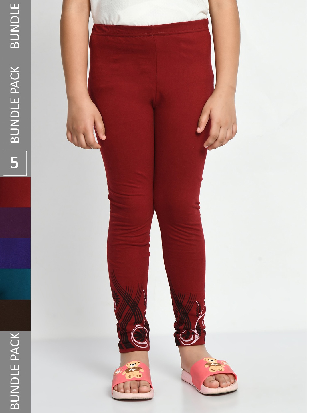 

IndiWeaves Girls Pack Of 5 Printed Ankle-Length Pure Cotton Leggings, Maroon