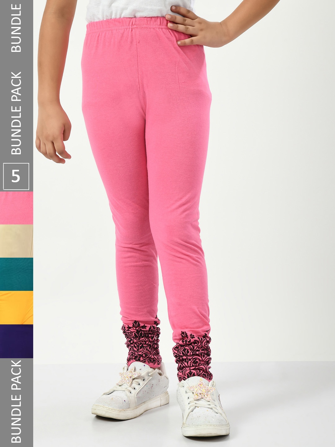 

IndiWeaves Girls Pack Of 5 Printed Ankle-Length Pure Cotton Leggings, Pink