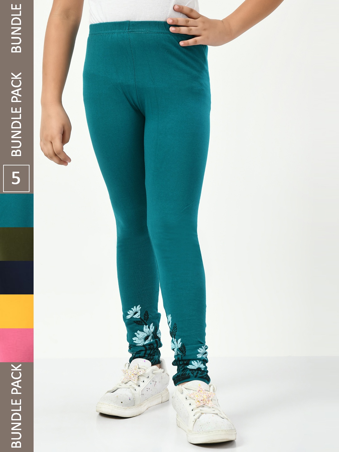 

IndiWeaves Girls Pack Of 5 Printed Ankle-Length Pure Cotton Leggings, Teal