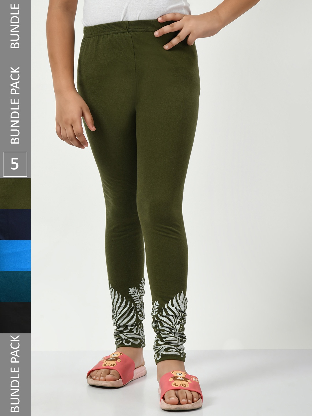 

IndiWeaves Girls Pack Of 5 Printed Pure Cotton Ankle Length Leggings, Olive