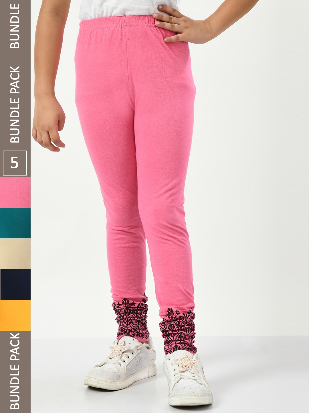

IndiWeaves Girls Pack Of 5 Printed Pure Cotton Ankle Length Leggings, Pink