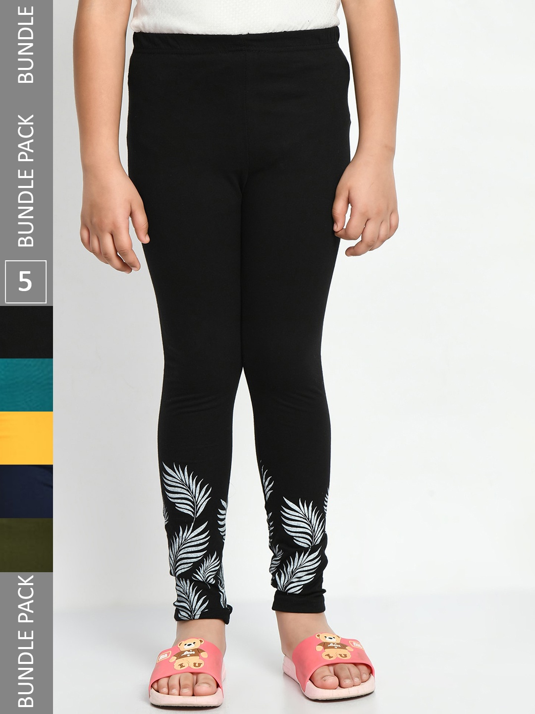 

IndiWeaves Girls Pack Of 5 Printed Pure Cotton Ankle Length Leggings, Black