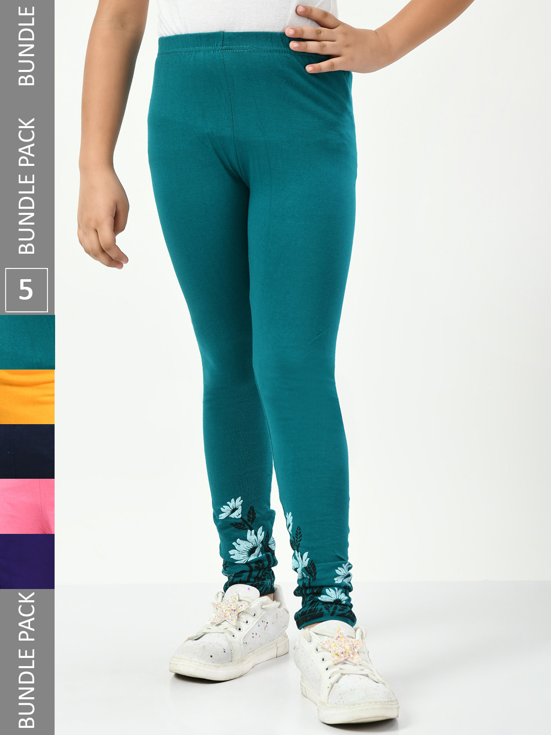 

IndiWeaves Girls Pack Of 5 Pure Cotton Ankle-Length Leggings, Green