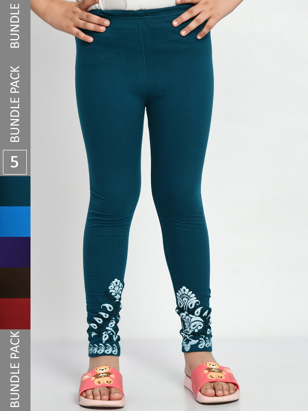 

IndiWeaves Girls Pack Of 5 Churidar Length Bottom Printed Pure Cotton Leggings, Teal