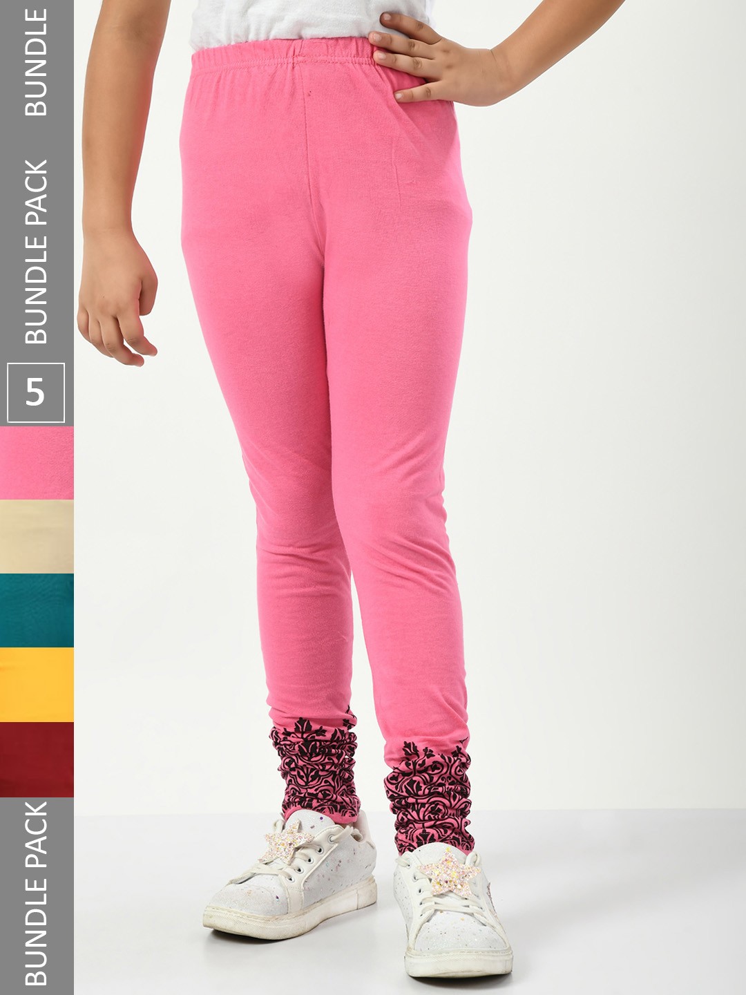 

IndiWeaves Girls Pack Of 5 Pure Cotton Ankle-Length Leggings, Pink