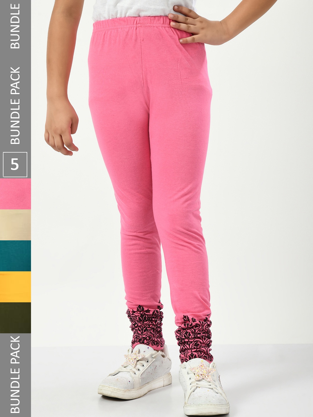 

IndiWeaves Girls Pack Of 5 Pure Cotton Ankle-Length Leggings, Pink