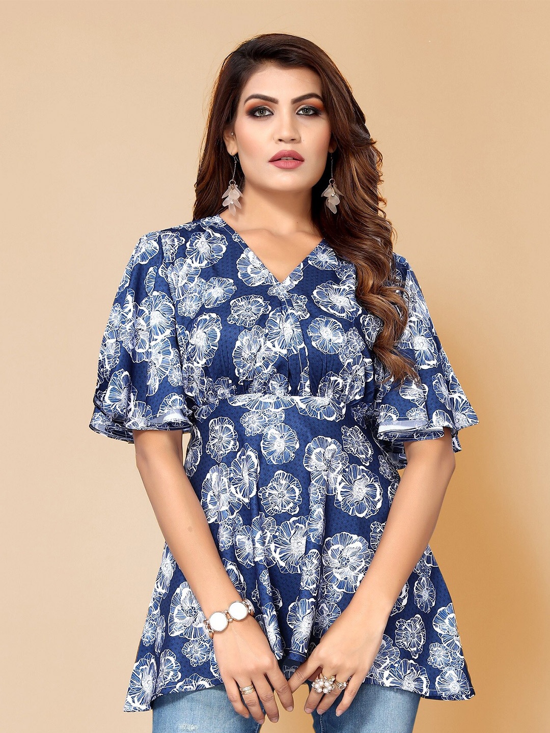 

Royal Export Floral Printed V-Neck Flared Sleeve Gathered Empire Top, Blue