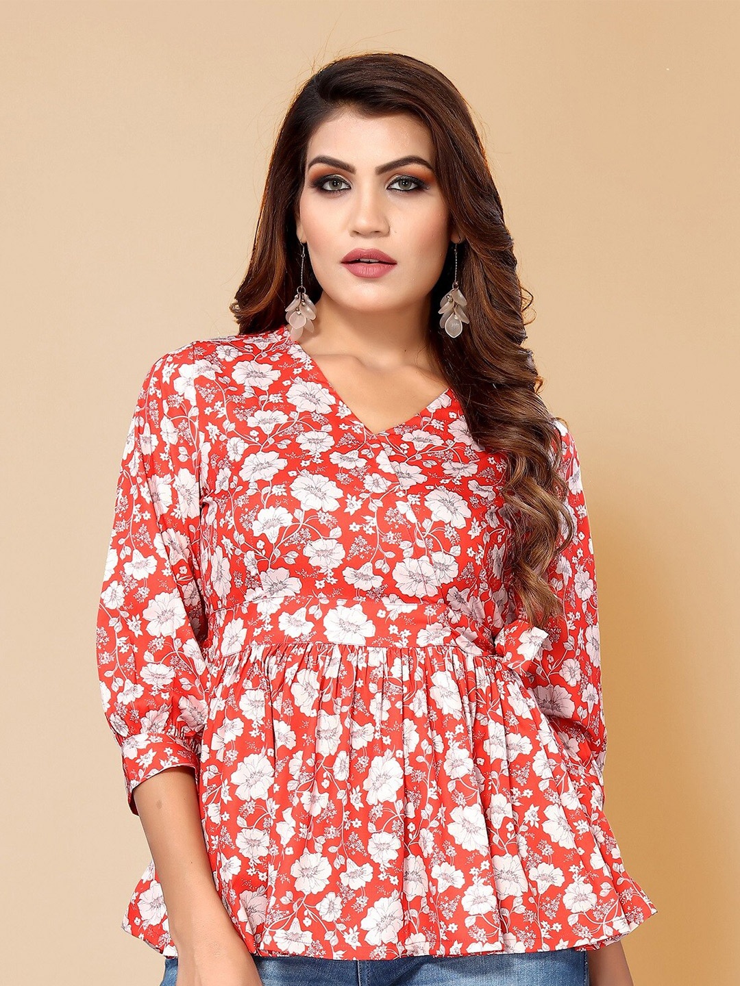 Royal Export Floral Printed V-Neck Peplum Top, Pink