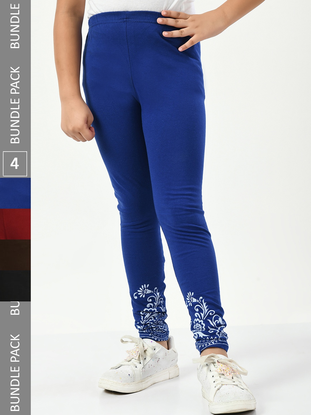 

IndiWeaves Girls Pack Of 4 Pure Cotton Ankle-Length Leggings, Blue