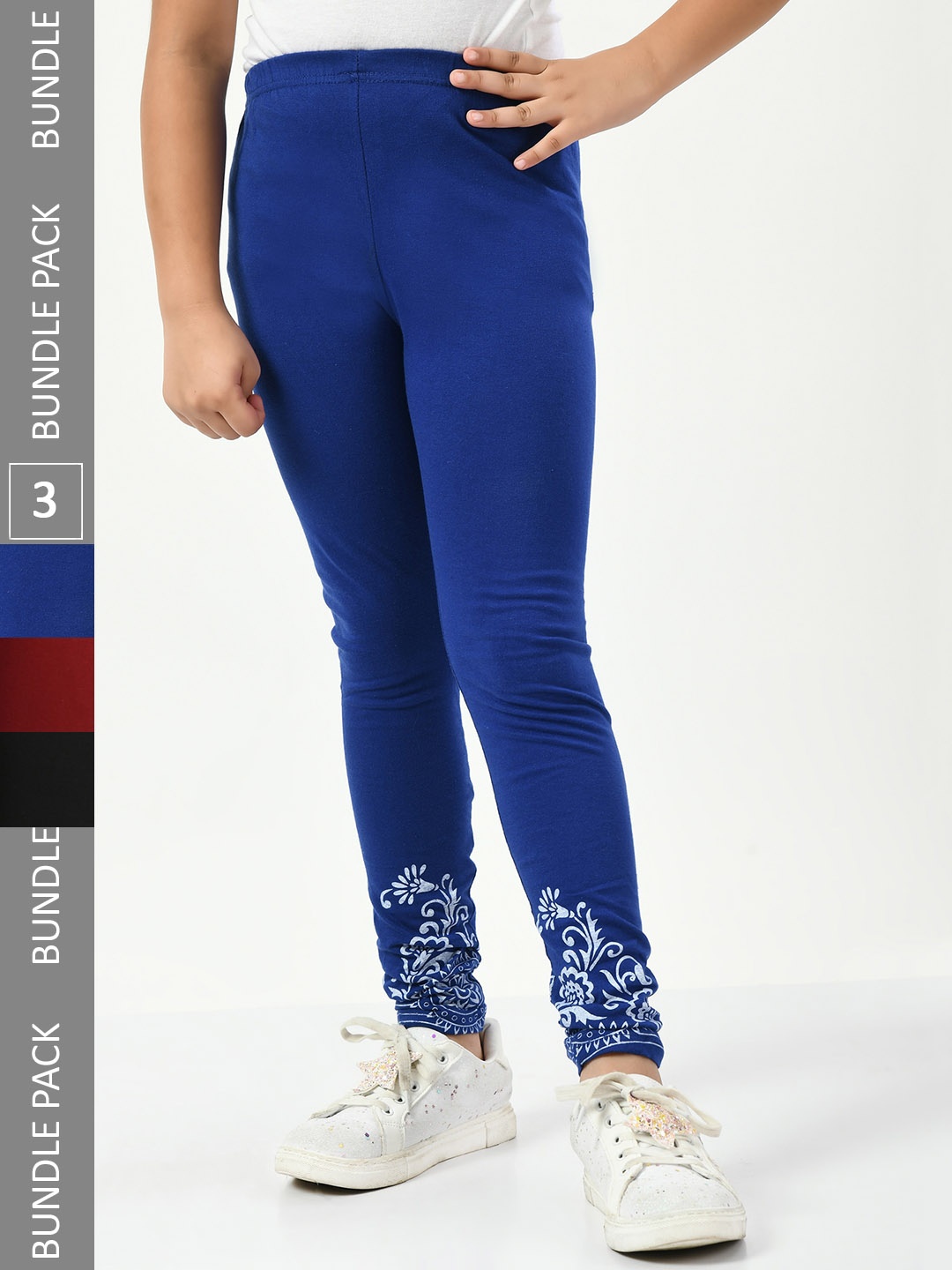 

IndiWeaves Girls Pack Of 3 Printed Pure Cotton Ankle Length Leggings, Blue