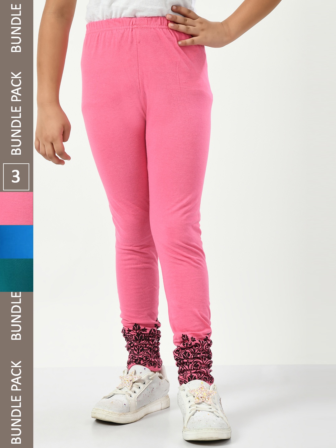 

IndiWeaves Girls Pack Of 3 Printed Pure Cotton Churidar-Length Leggings, Pink