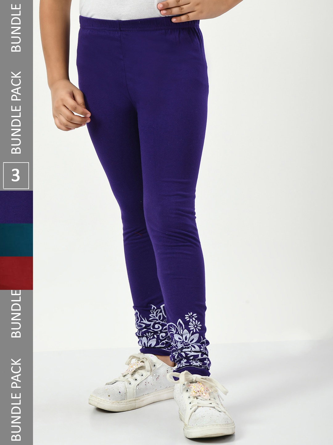 

IndiWeaves Girls Pack Of 3 Printed Pure Cotton Ankle Length Leggings, Purple