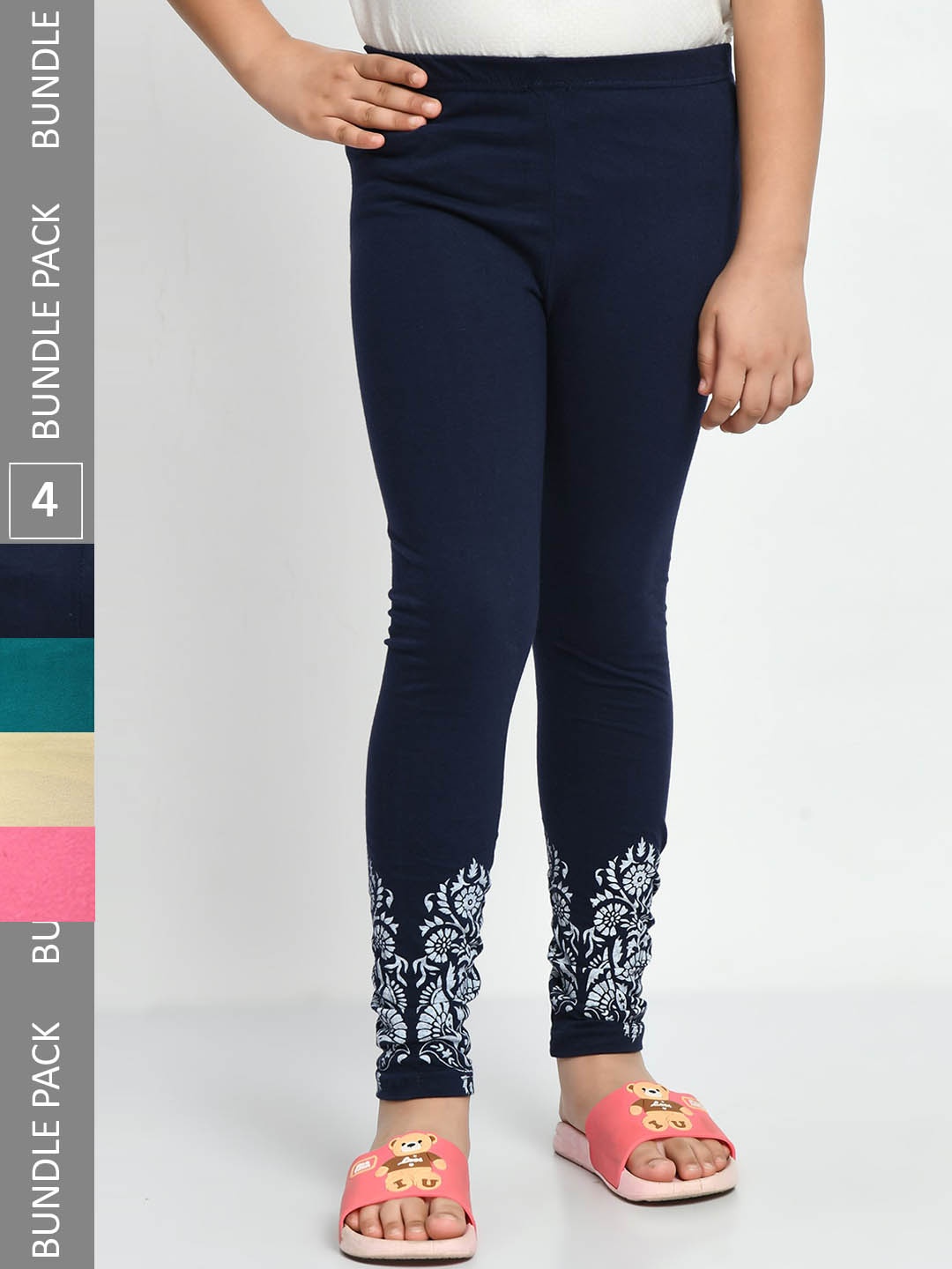 

IndiWeaves Girls Pack Of 4 Printed Pure Cotton Ankle Length Leggings, Navy blue
