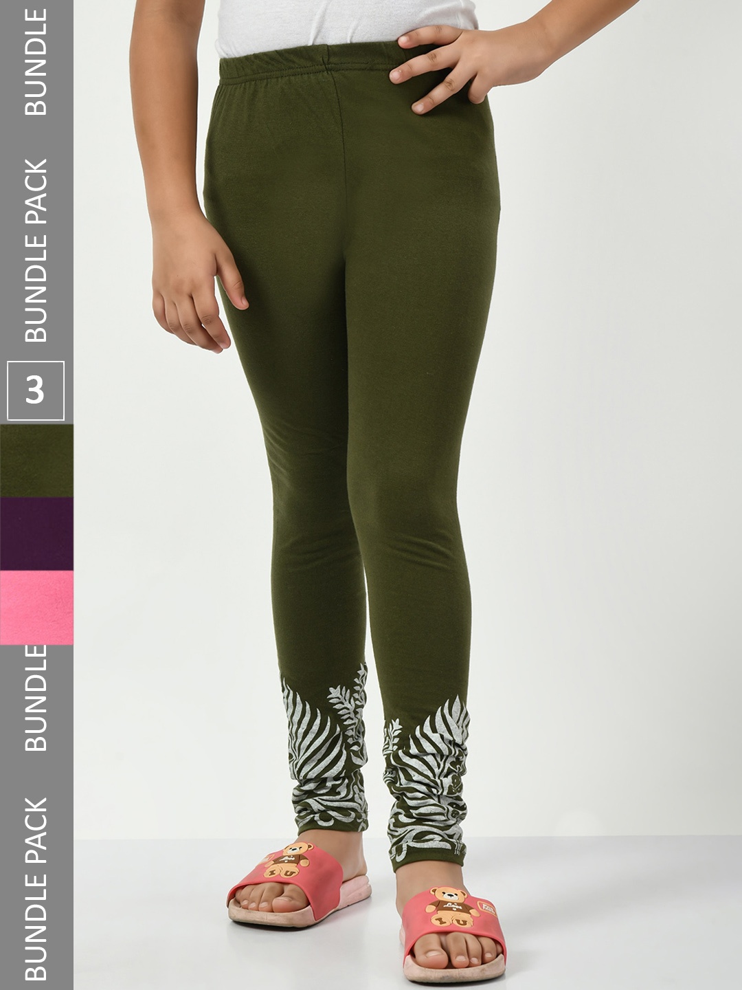 

IndiWeaves Girls Pack Of 3 Printed Pure Cotton Ankle Length Leggings, Olive