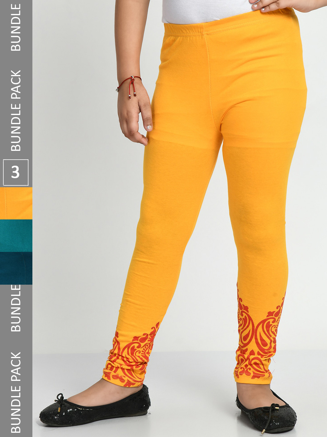 

IndiWeaves Girls Pack Of 3 Printed Pure Cotton Ankle Length Leggings, Yellow