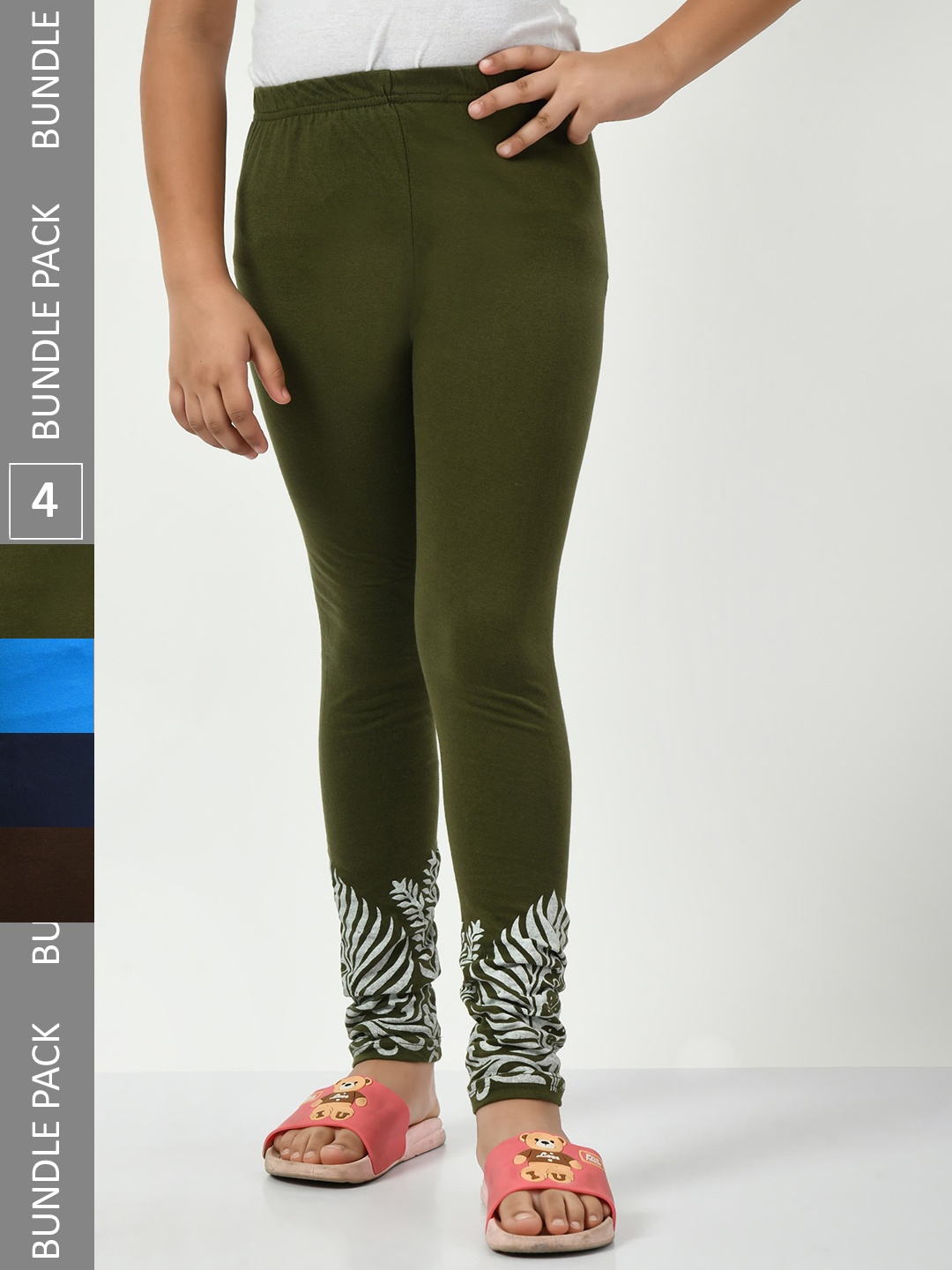 

IndiWeaves Girls Pack Of 4 Printed Pure Cotton Ankle Length Leggings, Olive