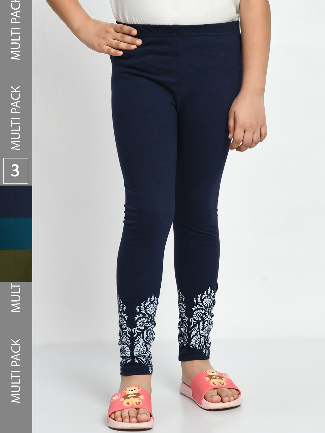 

IndiWeaves Girls Pack Of 3 Printed Pure Cotton Ankle Length Leggings, Navy blue