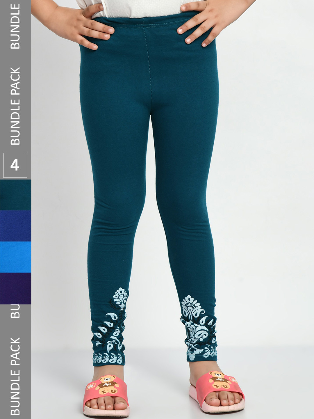 

IndiWeaves Girls Pack Of 4 Printed Pure Cotton Ankle Length Leggings, Teal