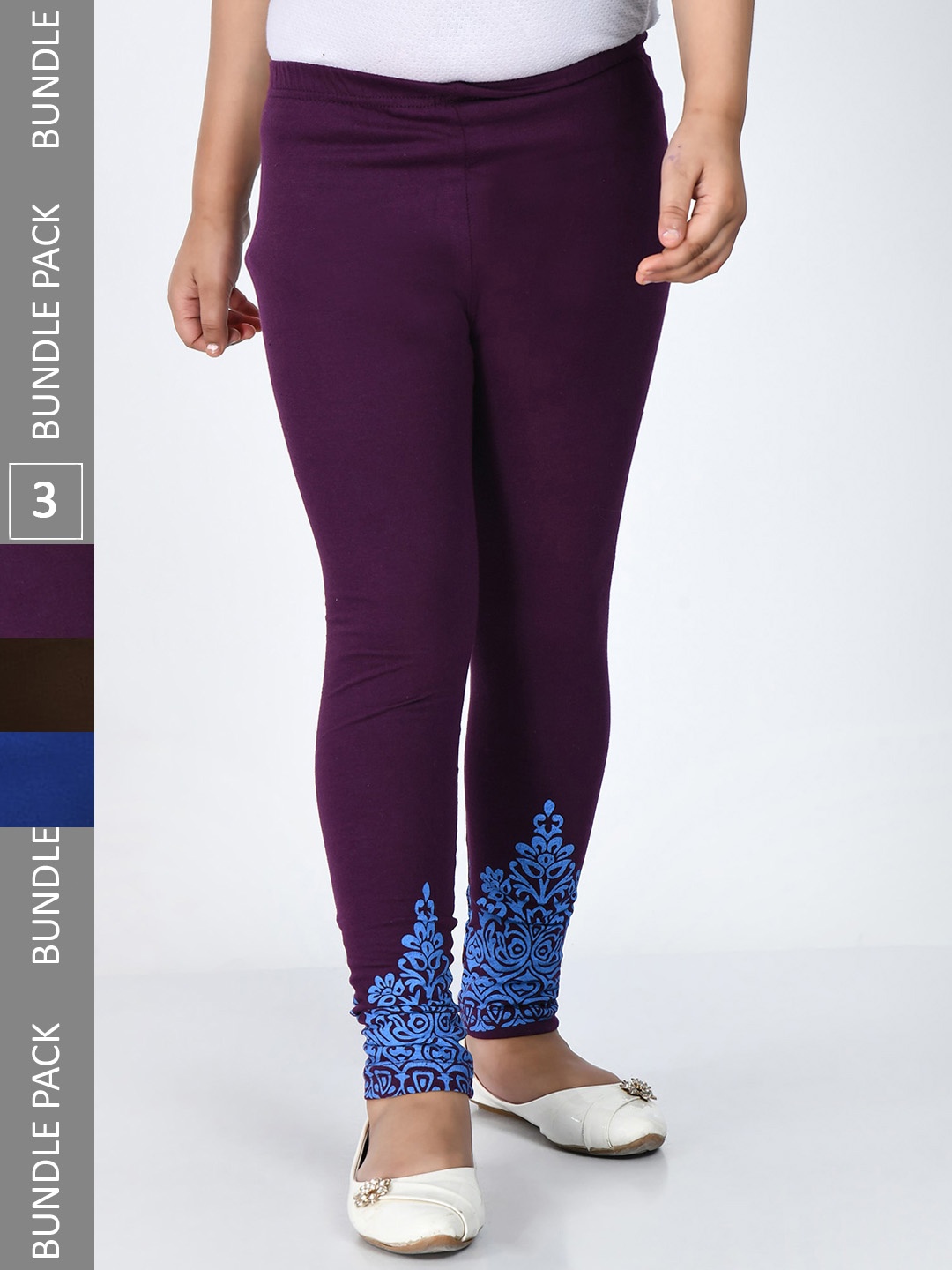 

IndiWeaves Girls Pack Of 3 Printed Ankle-Length Pure Cotton Leggings, Purple